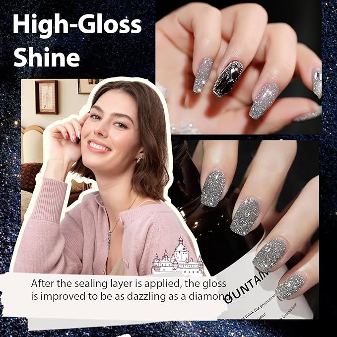 AZUREBEAUTY Reflective Nail Polish Set, 8 Colors Glitter Sparkly Shiny Green Silver Pink Quick Dry Natural Nail Lacquer Strengthening Treatment DIY Manicure Nail Salon