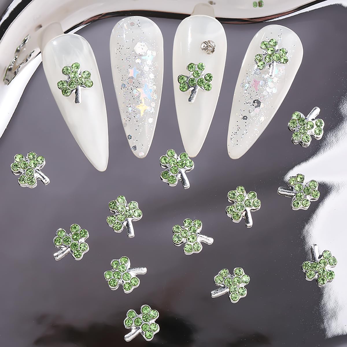 20Pcs Shamrock Nail Charms and Gems 3D Metal St Patricks Nail Charms with Diamond Design Irish Clover Nail Rhinestone Charms Alloy Green Charms Decoration for Women Girls