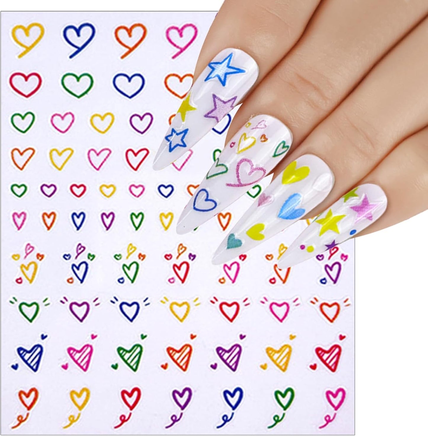 6 Sheets Sparkling Colorful Five-Pointed Star Nail Art Stickers 3D Self-Adhesive Heart Nail Sticker Colorful Summer Flower Design Nail Decals Supplies for Women Girls DIY Manicure Decoration