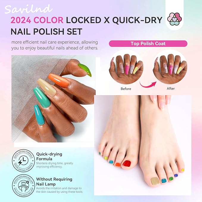 SAVILAND Nail Polish Set Air-Dry: 36 Colors Nail Polish Kit Red Pink Blue Glitter Regular Nails Polish with Base Top Coat Nail Lacquer Acrylic Nail Set for Beginner Home Salon DIY Gift Summer