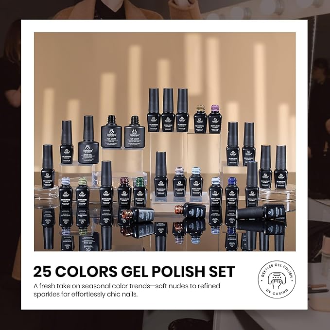 Beetles Fall Gel Nail Polish Set – Catwalk Tonal Hues 25 Colors Gel Polish, Nude Brown Yellow Purple Green Glitter with Base Glossy Mattle Top Coat Soak Off UV LED Winter Manicure Gift for Women