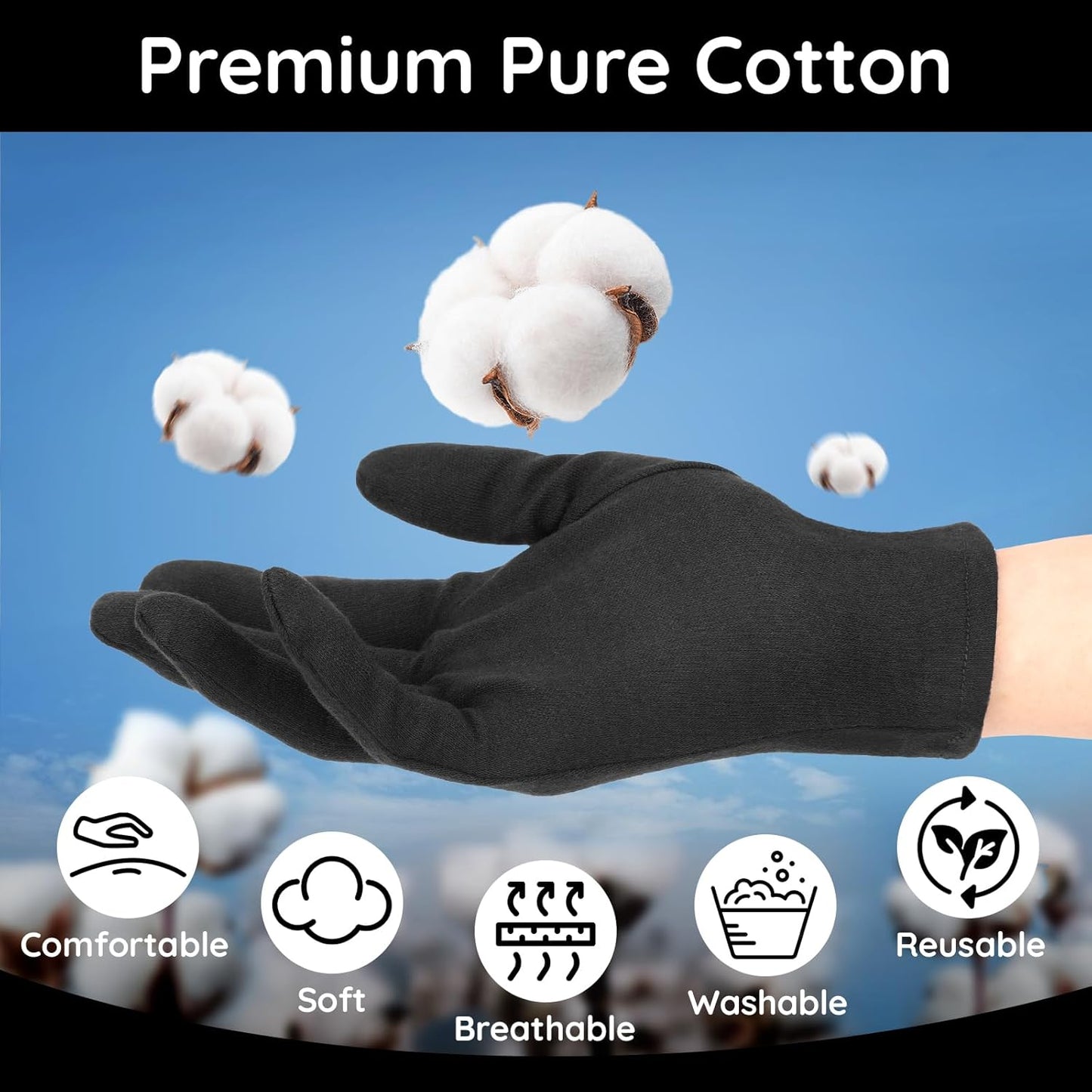 Segbeauty 12 Counts Black Cotton Gloves Overnight, 6 Pairs Lotion Moisturizing Hand Cotton Gloves for Men, at Home Spa Gel Moisture Glove for Working, Soft Sleep Lotion Glove Skin Care Extra Large