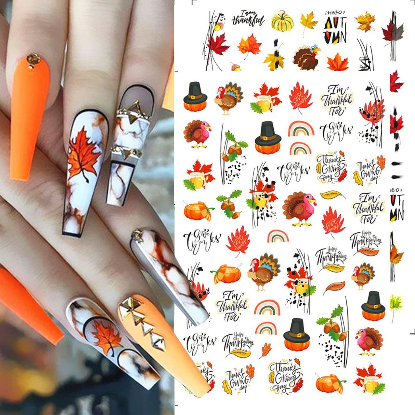 Fall Nail Art Stickers - 10 Sheets Maple Leaf Nail Art Supplies - 3D Self-Adhesive Nail Decals Autumn Thanksgiving Maple Leaves Pumpkin Turkey Nail Sticker for Women Manicure Decoration