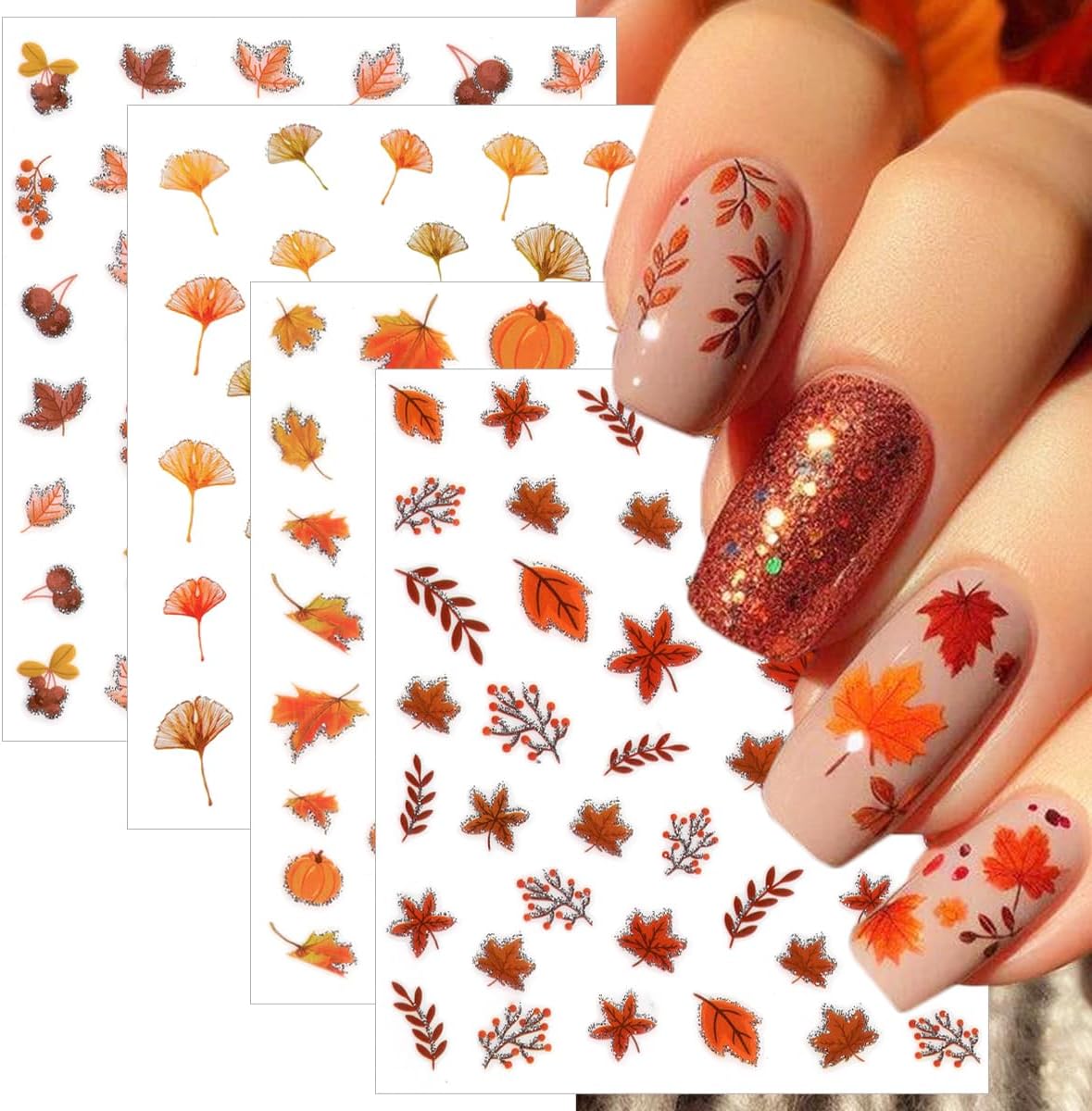 8 Sheets Fall Nail Stickers for Nail Art, 3D Self-Adhesive Bronzing Thanksgiving Nail Decals Pumpkin Maple Leaf Ginkgo Leaves Designs Nails Decorations Autumn Nail Art Supplies for Women