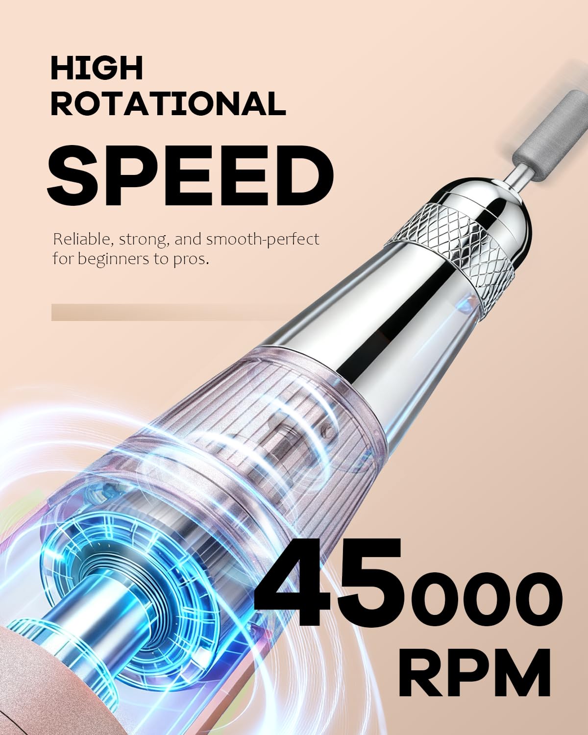 45000 RPM Nail Drill - Brushless Cordless Efile LCD Display & Heat Reduction Tech for Acrylic Gel Nails (White)