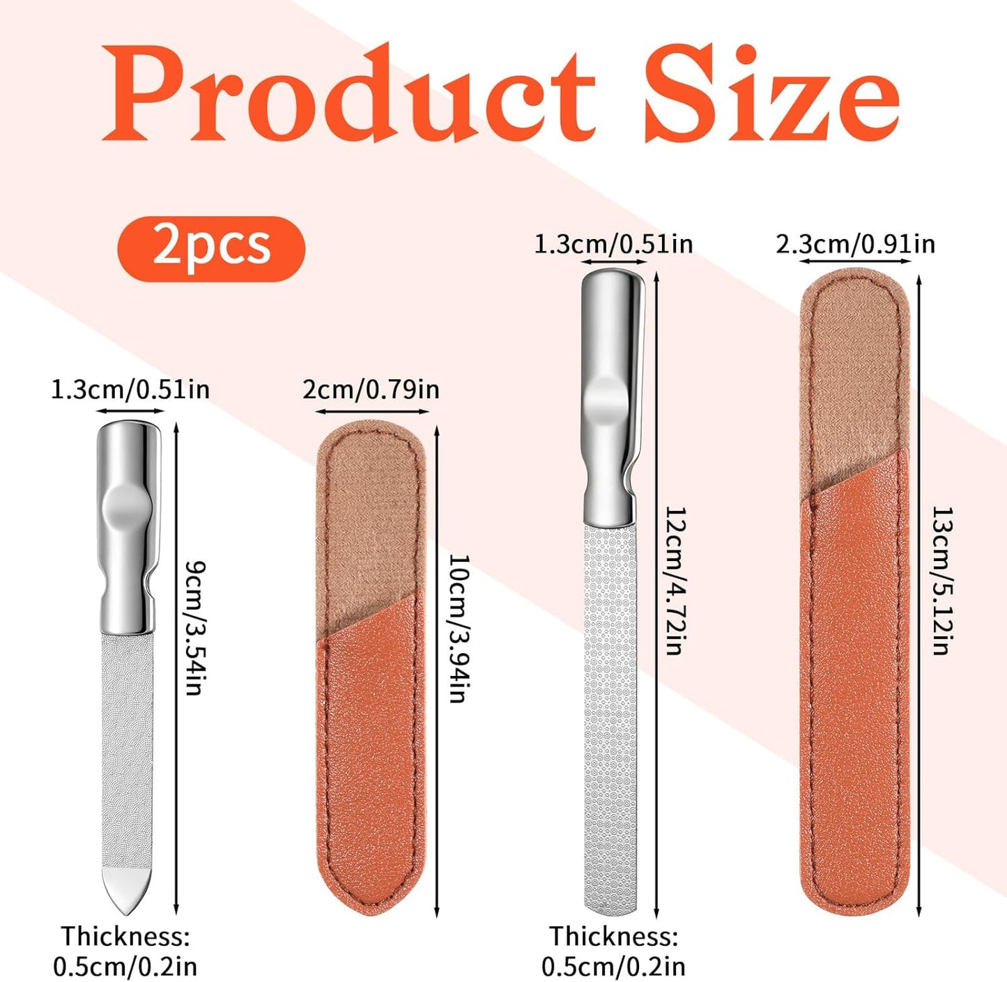 Professional Fingernail Files, 2 PCS Metal Nail Files for Women Double Sided Stainless Steel Nail File Non-Slip Fingernail File with PU Leather Case for Women Men Natural Nails Manicure Pedicure Tool