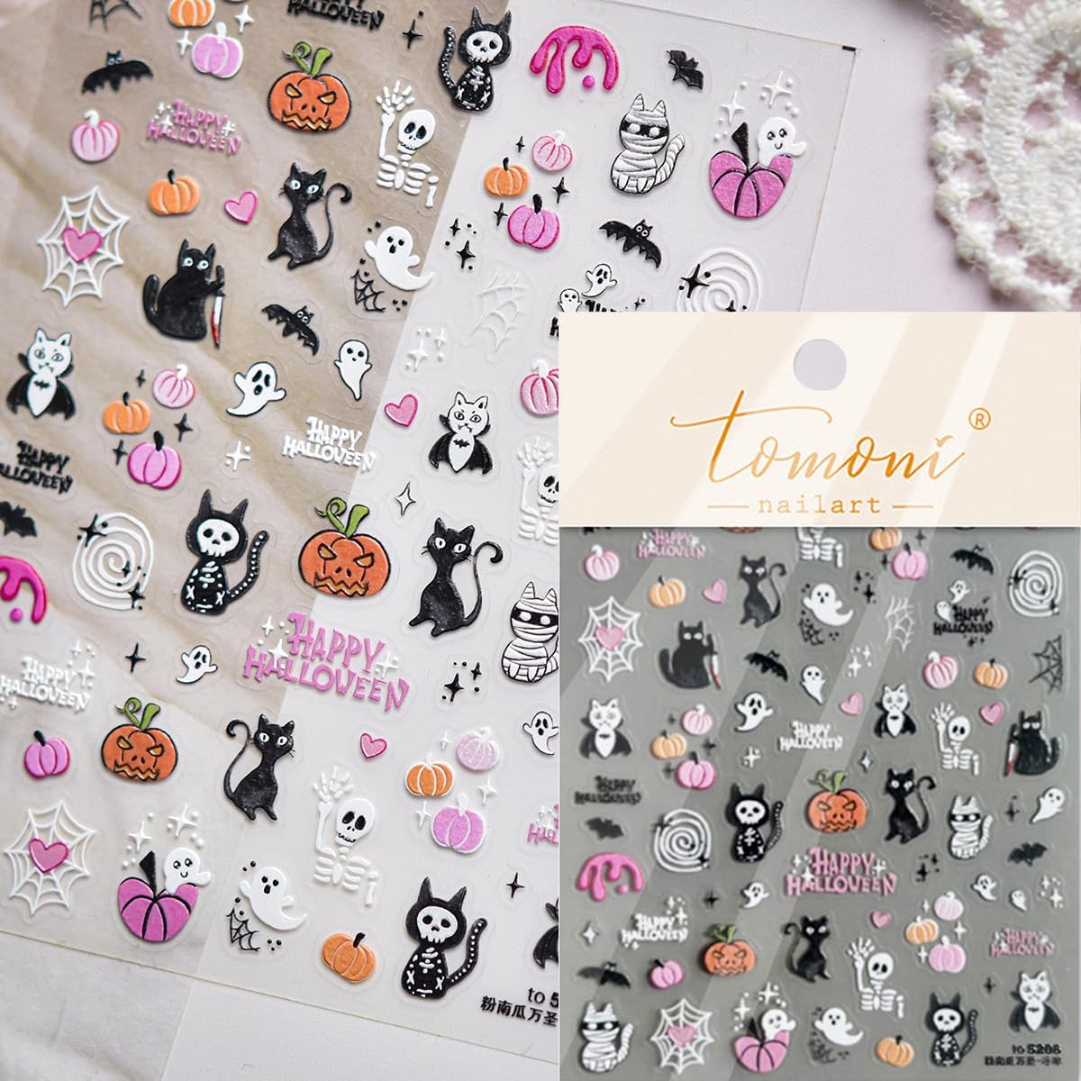 Halloween Nail Stickers for Nail Art 5D Embossed Halloween Ghost Nail Art Stickers Gothic Nails Designs Spider Web Pumpkin Bloody Cat Nails Supplies for Women Holiday DIY Manicure Decorations