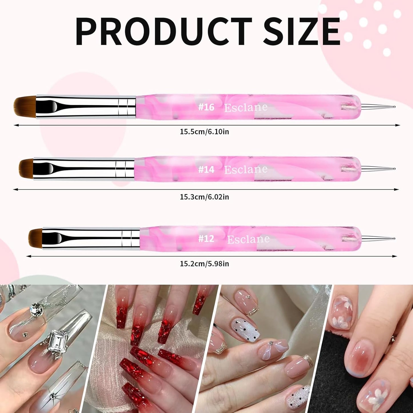 French Manicure Brush, Esclane 2 Way French Nail Brush with Dotting Tool for Manicure Cuticle Clean Up Nail Art Design, French Tip Brush (Pink, #16)