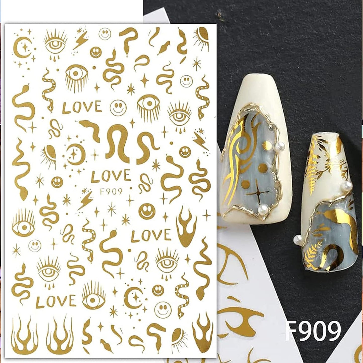 6 Sheet Gold Nail Stickers Black Snake Eyes Leaf Nail Art Stickers 3D Self-Adhesive Bronzing Sun Star Decals Starlight Nail Design Sticker for Acrylic Nail Supplies Women Nail Decorations