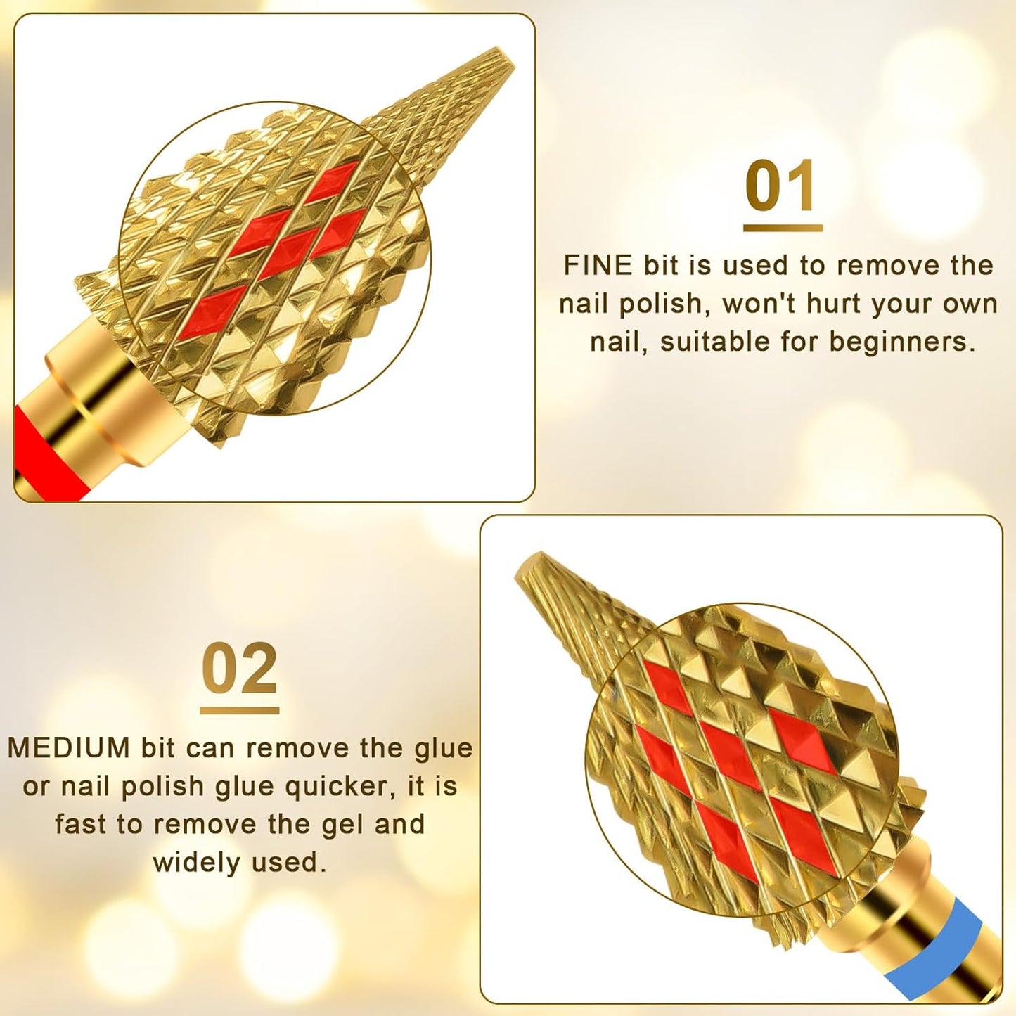 Diesisa 2 Pack Nail Drill Bits for Acrylic Nails, 3/32" Shank Drill Bits for Nails Professional Electric Nail Drill Bits for Home Salon/Fine+Medium Nail Bits - Nib-Gold