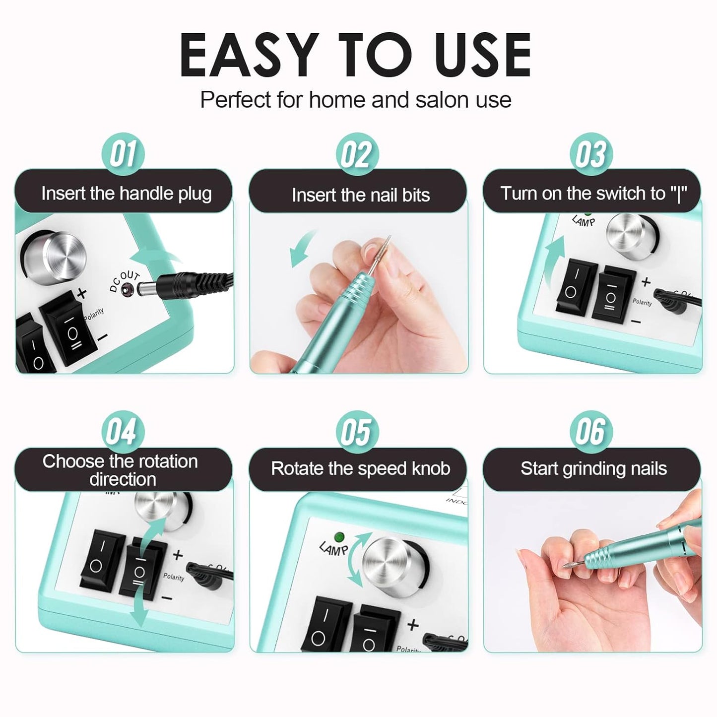 SUBAY Professional Finger Toe Nail Care Electric Nail Drill Machine Manicure Pedicure Kit Electric Nail Art File Drill with 1 Pack of Sanding Bands (Green)