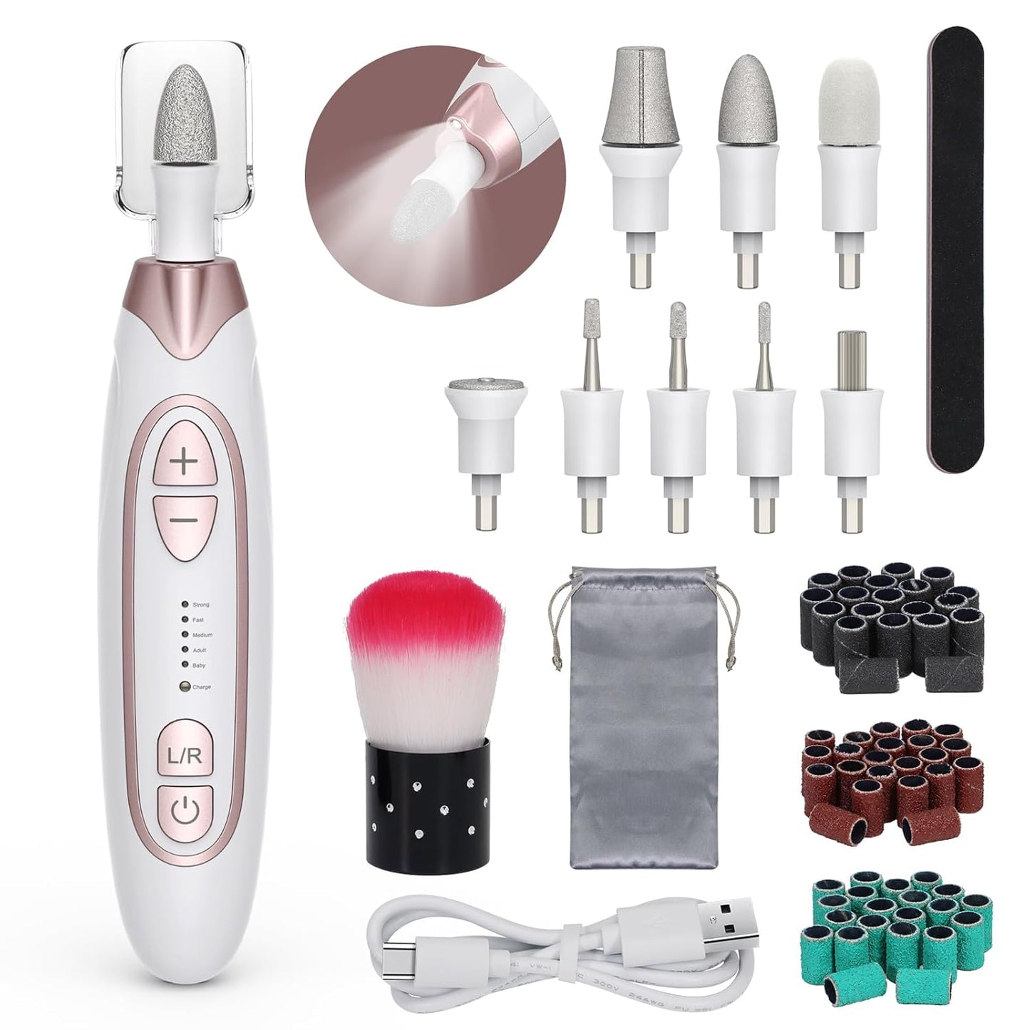 PELCAS Electric Nail File, 5 Speeds Nail Grinder for Thick Toenails, Cordless Nail Drill, Manicure and Pedicure Kit with LED Light, Toenail Grinder for Human, Thick Toenails, Natural & Acrylic Nails