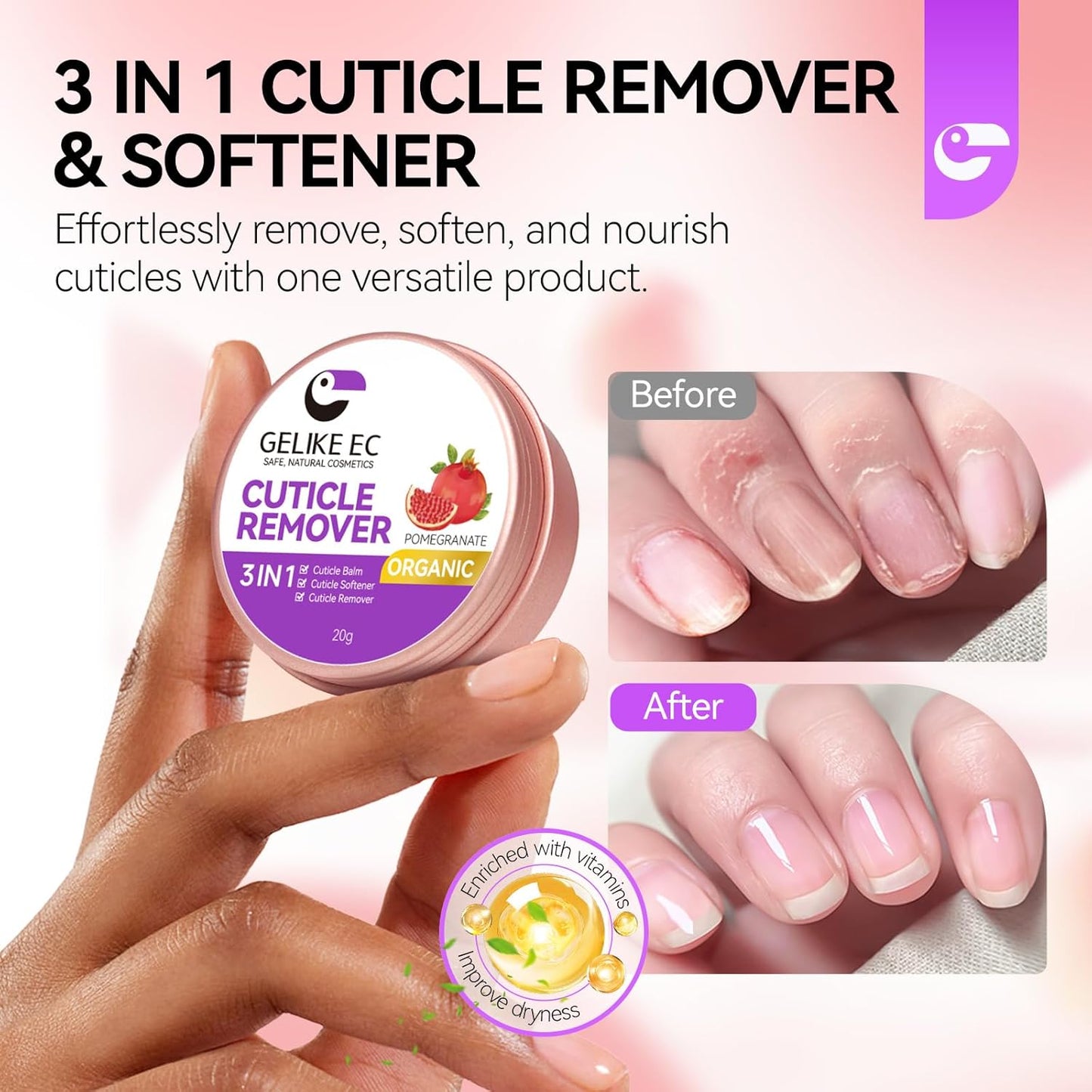 gelike ec Cuticle Care Balm Organic for Women: Pomegranate Natural Cuticle Softener Remover for Men to Smoothe, Repair, rejuvenate, Strengthen & Moisturize Cuticles