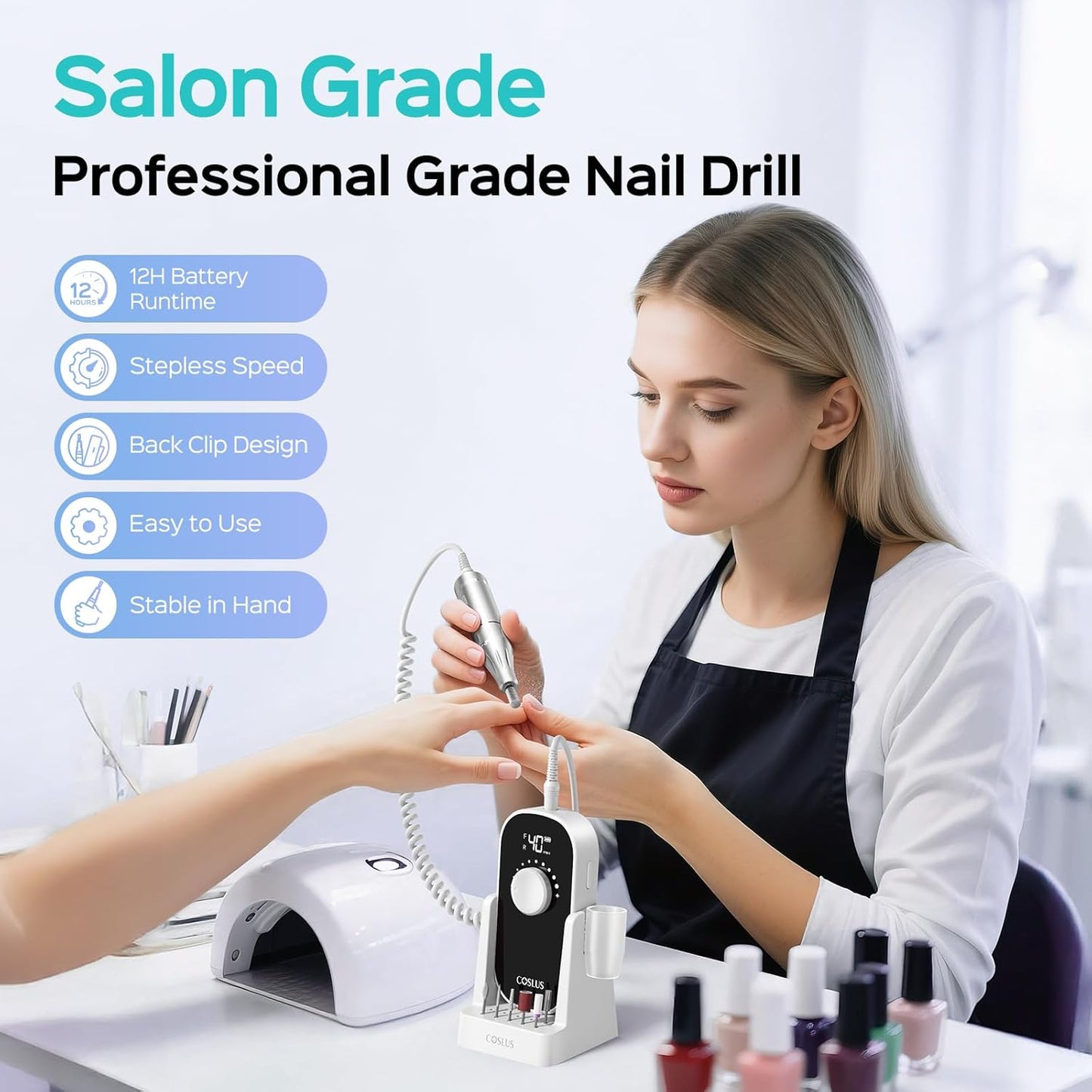 COSLUS Professional Rechargeable Electric Nail Drill 40000 RPM, Portable Nail File with Storage Stand for Acrylic Gel Polishing Removing - Easy to Use for Women, Manicure at Home DIY or Salon, White