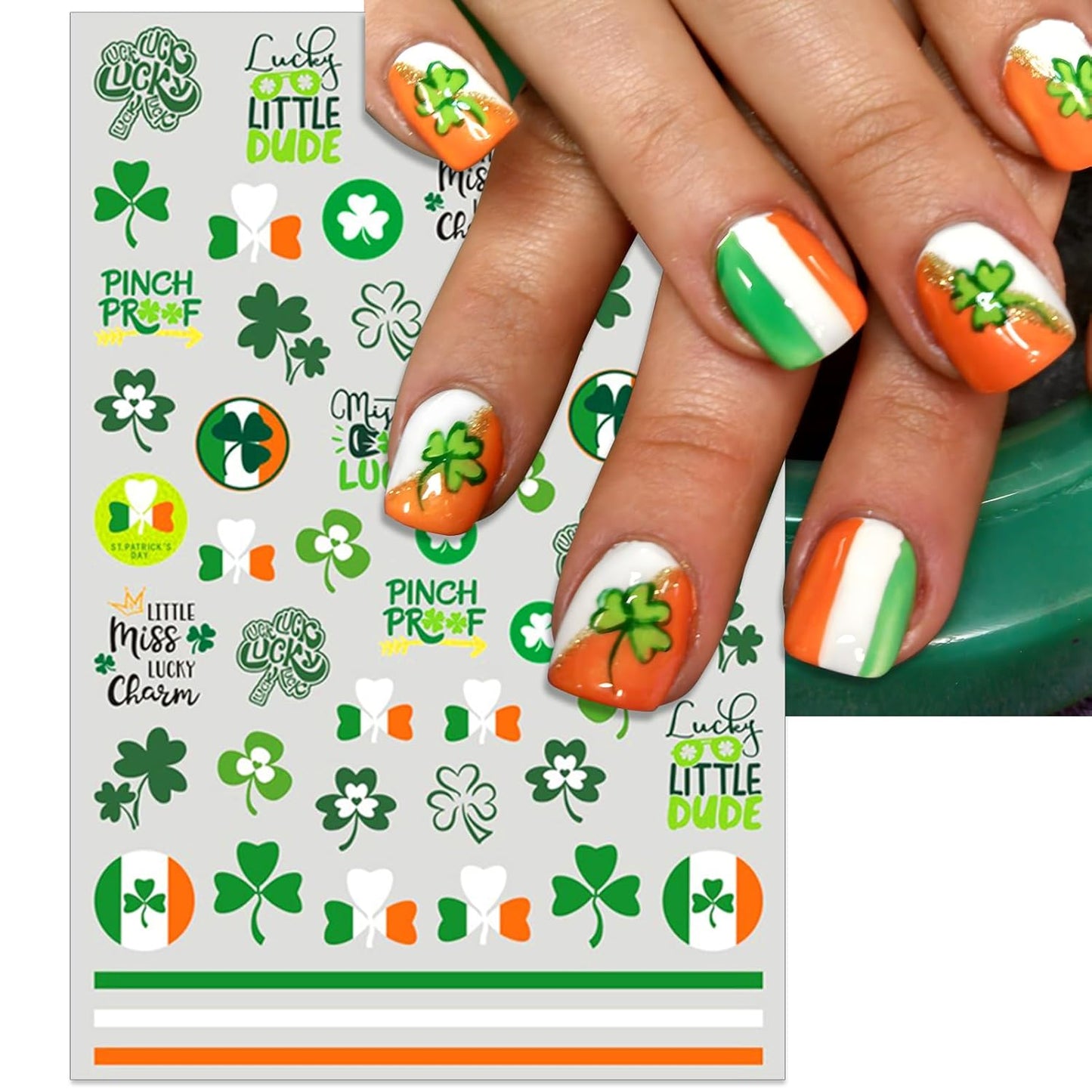 St. Patrick's Day Nail Art Stickers, Irish Shamrock Leprechaun Hat 3D Self-Adhesive Nail Decals Lucky Clover Design (5 Sheets)