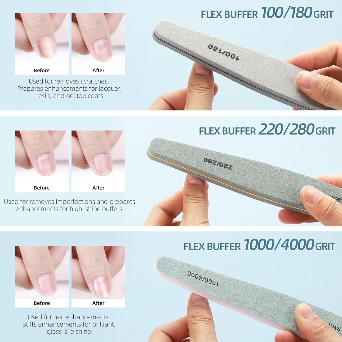 BTYMS 12 Pcs Nail Files and Buffers for Acrylic Nails and Natural Nails, 150,180, 240, 100/180,220/280, 1000/4000 Grits