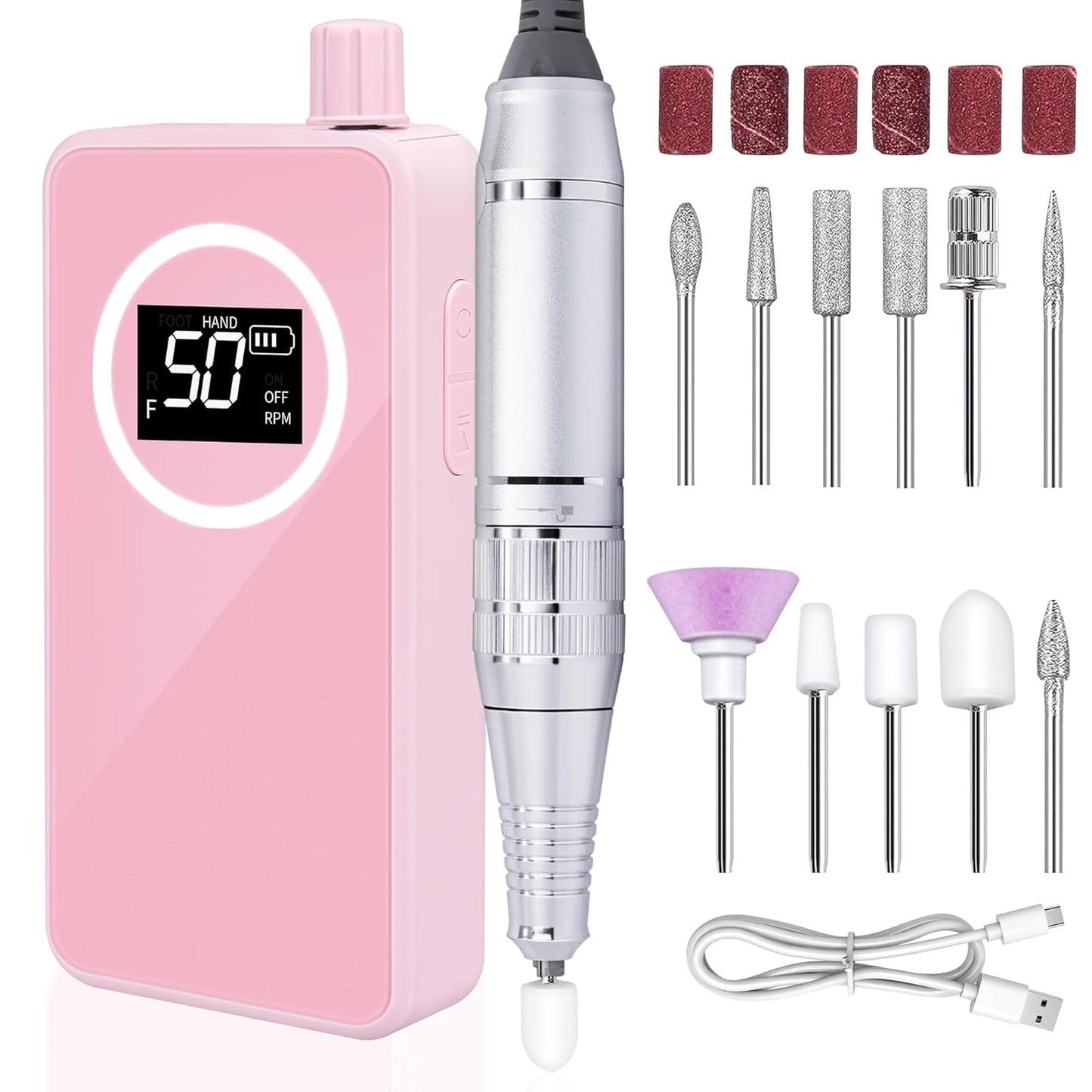 Portable Nail Drill Professional 45000 RPM, Rechargeable Electric Nail File Machine E File for Acrylic Gel Polishing Removing Pink