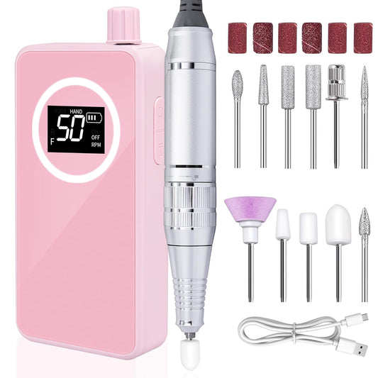 Portable Nail Drill Professional 45000 RPM, Rechargeable Electric Nail File Machine E File for Acrylic Gel Polishing Removing Pink