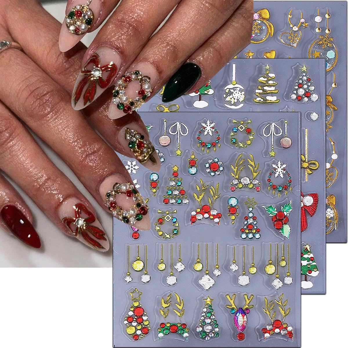 Christmas Nail Stickers 5D Bow Christmas Tree Lantern Ball Nail Art Stickers Winter Embossed Nail Decals Self-Adhesive Xmas Heart Elk Design Sticker Holiday Nail Art Decoration for Women Manicure 3Pcs
