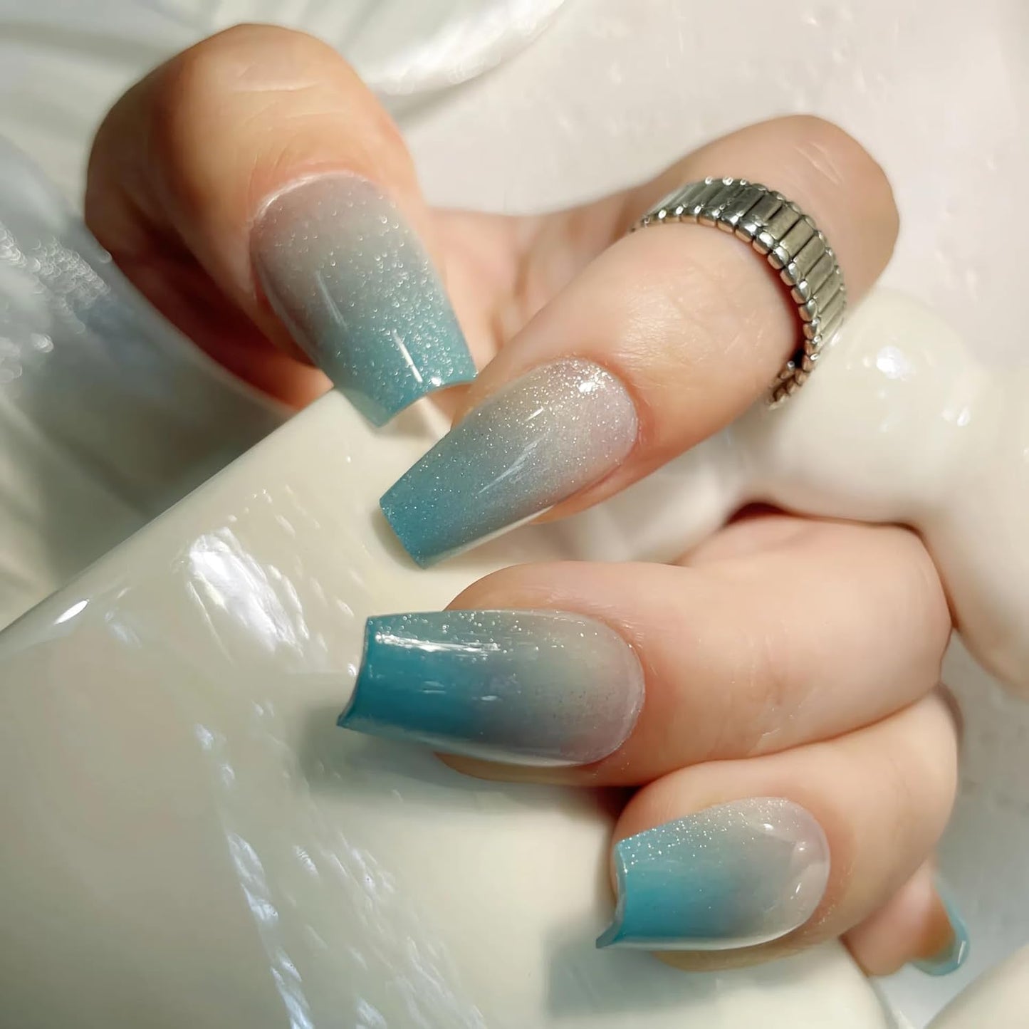 Press on Nails – 30PCS Medium Coffin Cat Eye Fake Nails with 12 Sizes – Gradient Blue Green Glossy Nails for Women – Reusable Glue-On Nails for All Occasions