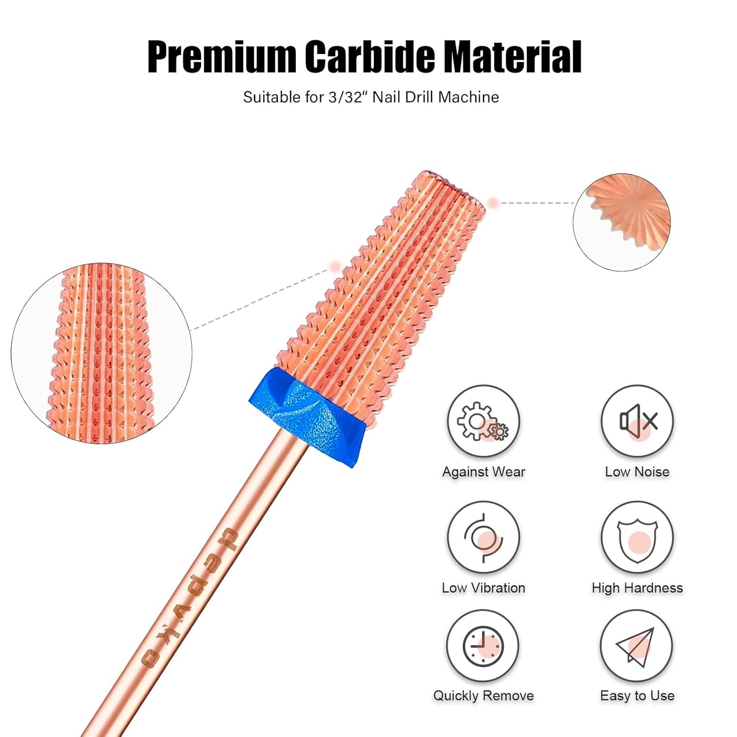 Depvko Super Long 5 in 1 Nail Drill Bits, 3/32'' Carbide Tungsten Bits, Two Way Rotate Professional Advanced Safety Bits for Nail, Fast Remove for Manicure Pedicure (Classic 5in1-Rose Gold, Medium-M)