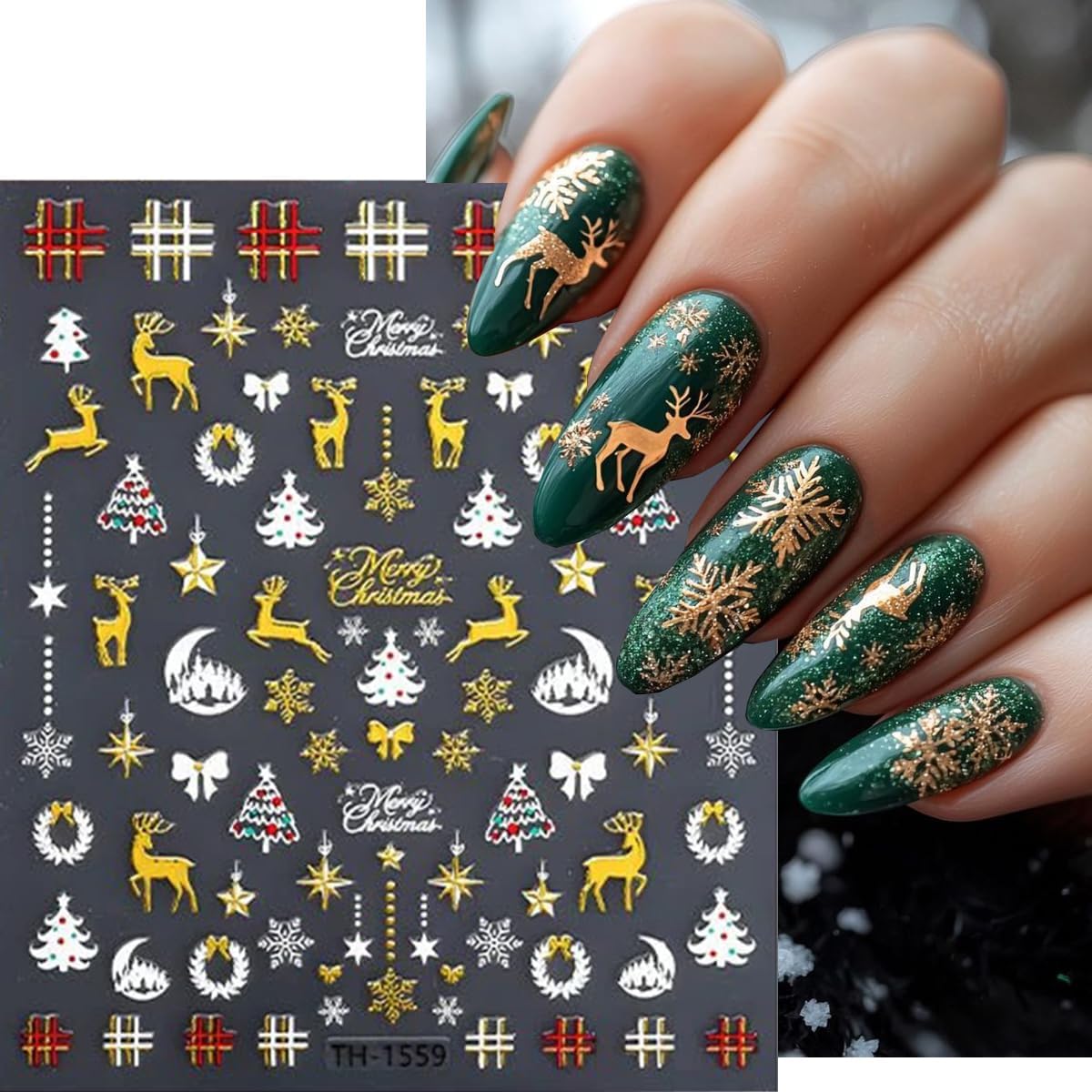 Christmas Nail Art Stickers Decals Xmas Tree Elk Self-Adhesive Xmas Nail Decals Nail Art Supplies 6PCS Crystal Ball Bow Star Antler Christmas Nails Design Manicure Sliders for Holiday Nail Decorations