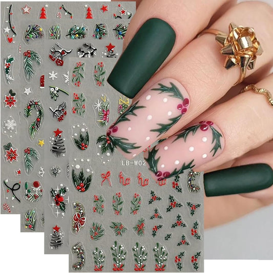Christmas Nail Art Stickers Holly Leaf Snowflakes Nail Stickers 4PCS 5D Embossed Xmas Nail Decals Christmas Tree String Light Star Candy Cane Xmas Nails Art Design Supplies Adhesive Sliders for Women