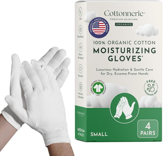4 Pairs Cottonnerie Organic Cotton Gloves for Dry Hands Sleeping, Moisturizing Gloves Overnight, Hand Moisturizer Gloves, Moisture Gloves for Dry Hands Overnight, Sleeping Gloves, Small