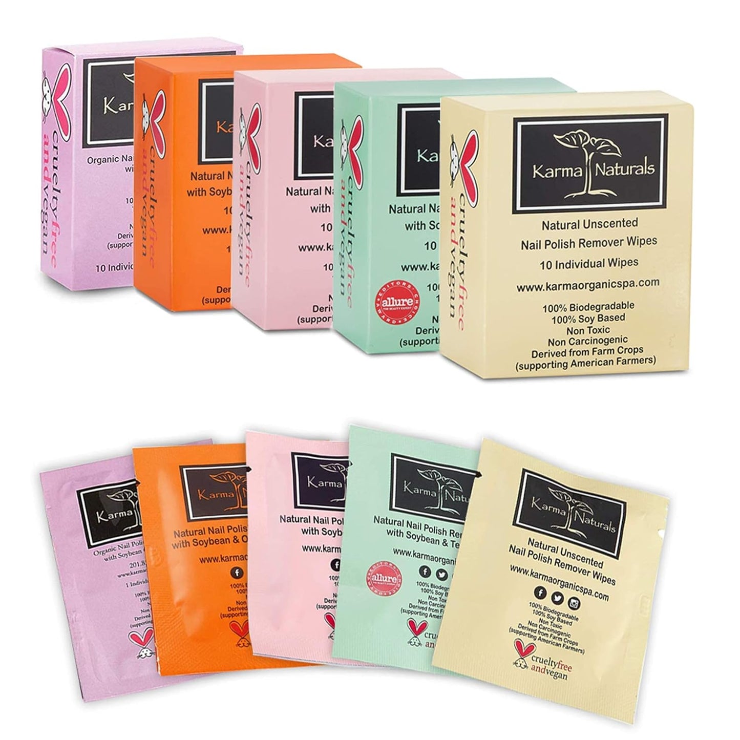 Karma Organic Natural Nail Polish Remover Pads/Wipes with Soybean Oil, Bundles Non-Toxic Vegan and Cruelty Free – bundle of 5/50 Wipes