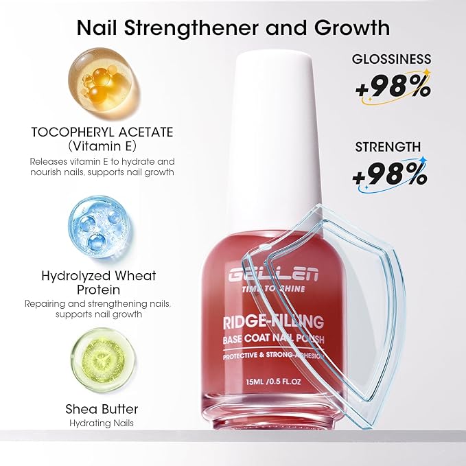 GELLEN Tinted Red Ridge Filler For Nails, Clear Nail Polish Ridge Filling Base Coat, Nail Strengthener and Growth, Hydrates Strengthens Nourishes Damaged Dry Nails, Shea Butter & Vitamin E & Protein