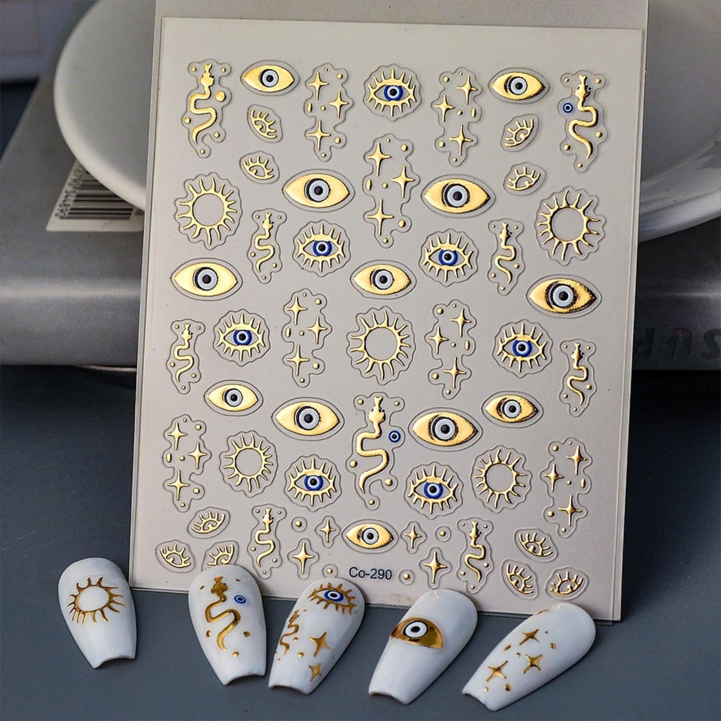 Gold Nail Stickers Evil Eye Nail Art Stickers 5D Embossed Nail Decals Gold Star Snake Design Nails Supplies for Women DIY Nail Art