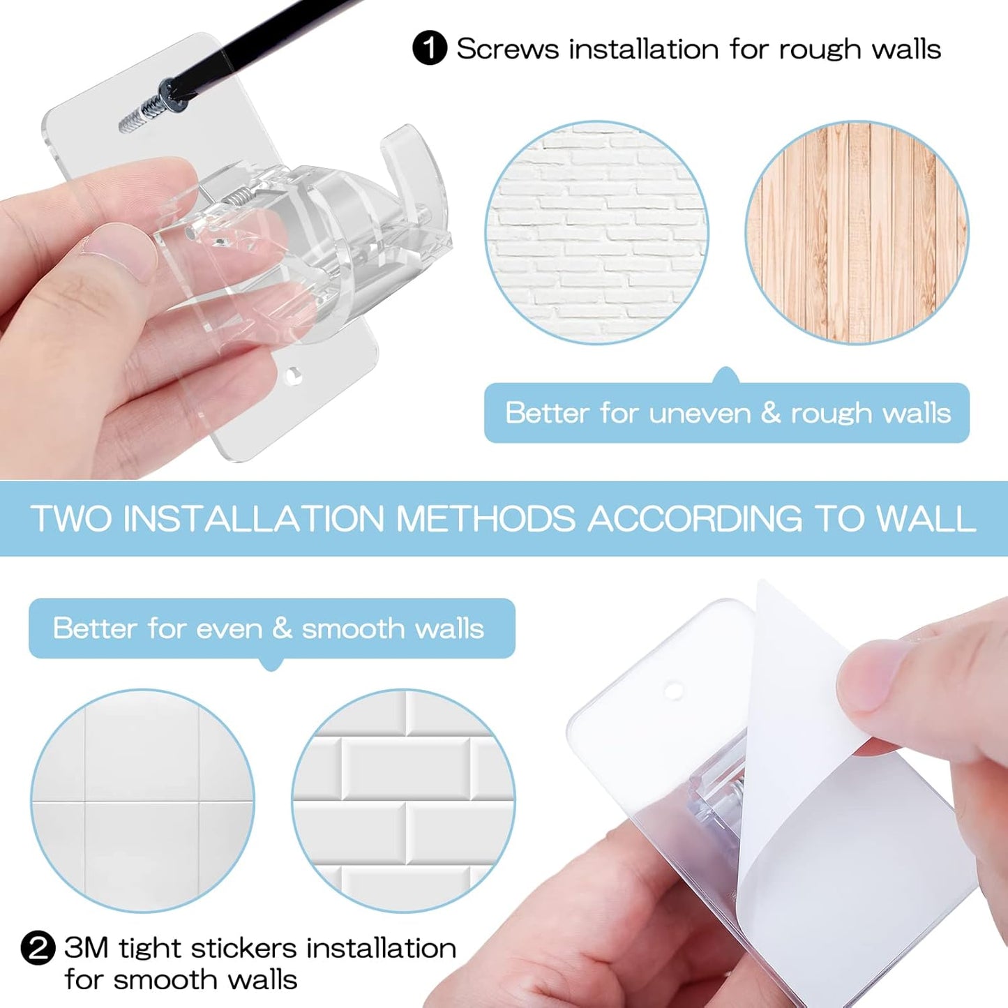 CIEMGNZOC 4PCS No Drill Curtain Brackets, Self-Adhesive Rod Holders, Adjustable Hooks for Rods Under 1.57 Inch (Transparent)