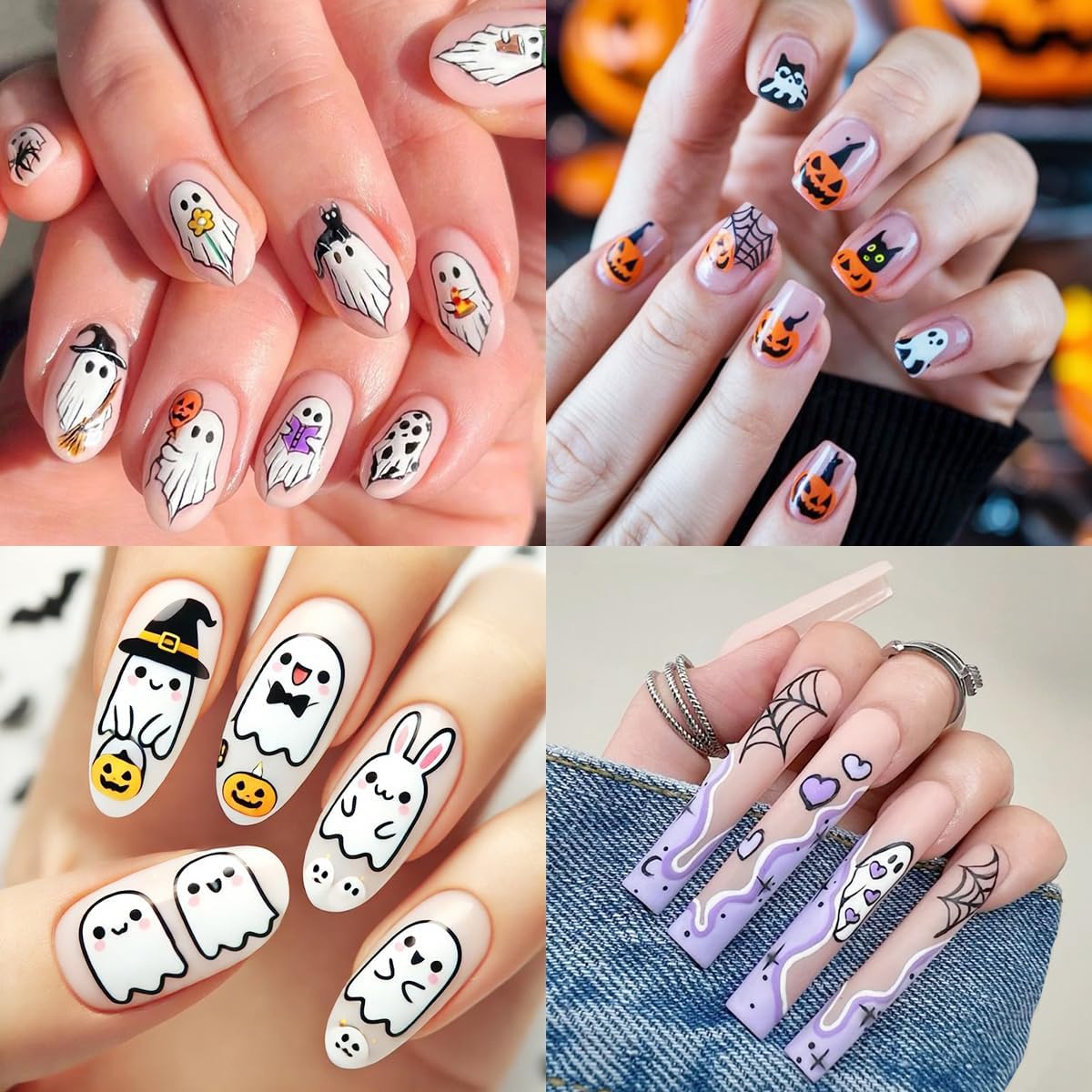 8 Sheets Halloween Nail Art Stickers Decals Cute Ghost Pumpkin Black Cat Bat Spider Web Design Nail Stickers Supply 3D Self-Adhesive Nail Decals for Halloween Party Nails Decoration DIY Manicure Tips