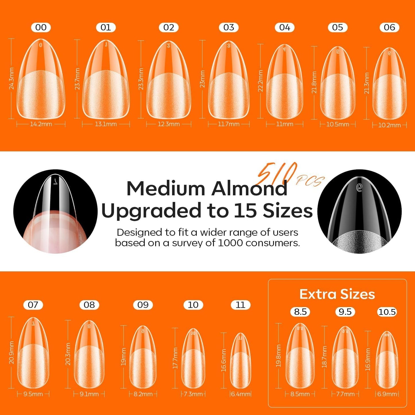modelones Gel Nail Kit Almond, Upgrade 15Sizes Fake Nails, 9-in-One Glue Dehydrator & Mini U V Light Clipper, 510Pcs Medium Almond Press on Tips for Extension DIY Salon Home Gift
