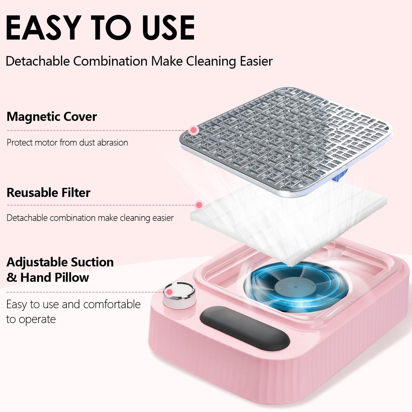 Pink Nail Dust Collector with Reusable Filter for Acrylic Gel Nails, 80W Power Nail Vacuum Cleaner Dust Catcher Adjustable Dust Sucker for Nails Manicure Pedicure at Home Nail Salons
