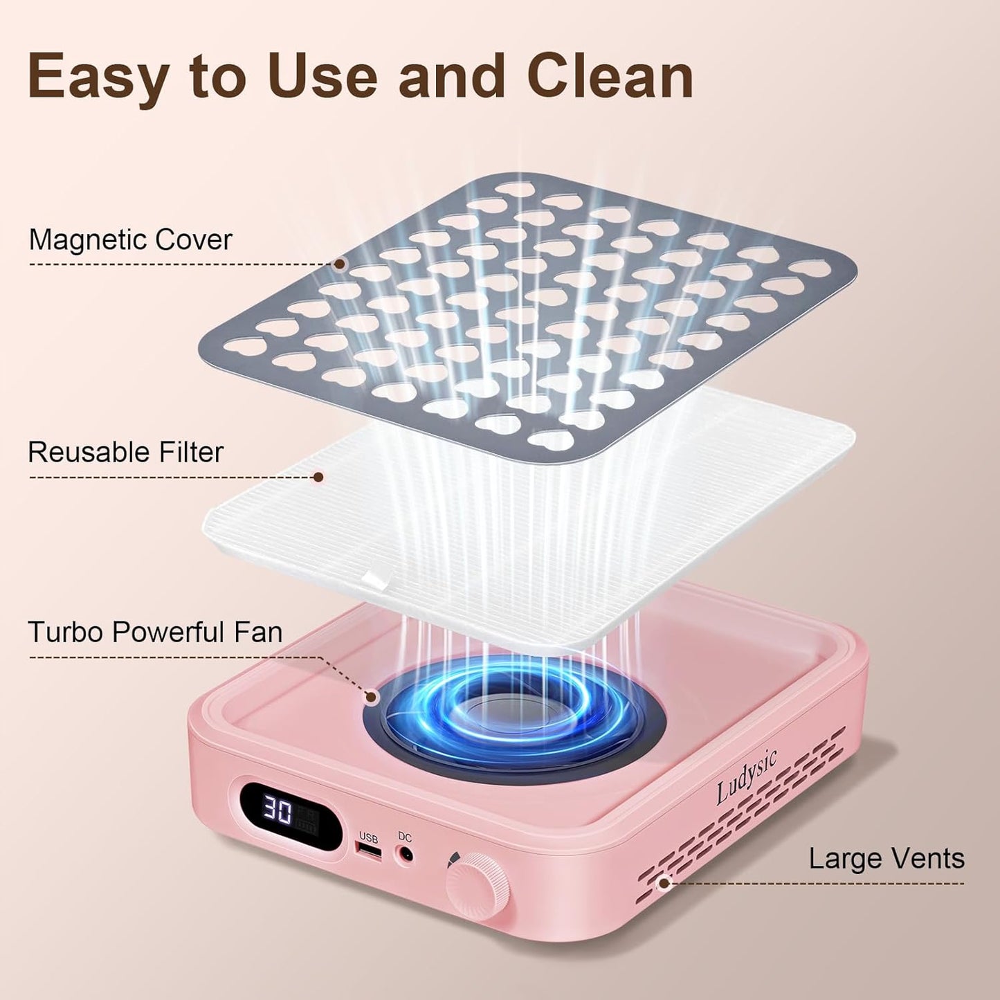 Nail Dust Collector with 2 Reusable Filters,Nail Vacuum Dust Collector Quiet for Nail Tech Art, Powerful Nail Fan and Duster Collector,Nail Vacuum Cleaner for Salon and Home(Pink)