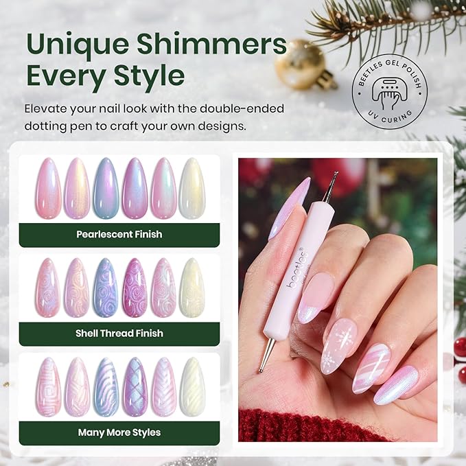 Beetles Christmas Gel Nail Polish Set – Dreamscape in Snow Pearl Gel Polish, 6 Color Winter Pink Purple Blue Yellow Festive Gel Nail Kit, Soak Off UV LED Nail Drawing Manicure Holiday Gift for Women