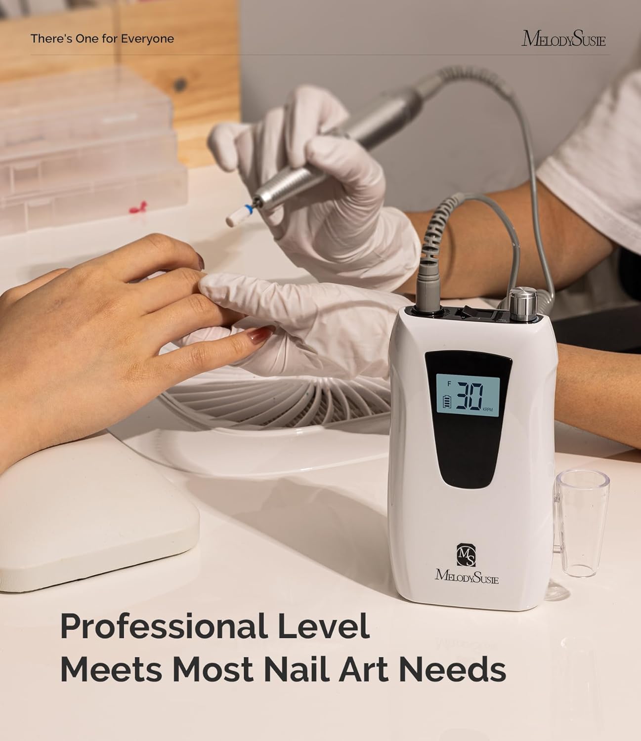 MelodySusie Professional Nail Drill 30000RPM, SC320D Rechargeable Electric Nail Drill Machine, Cordless Nail E File for Acrylic Gel Nails, 8pcs Drill Bits 106pcs Sanding Bands, Selene White