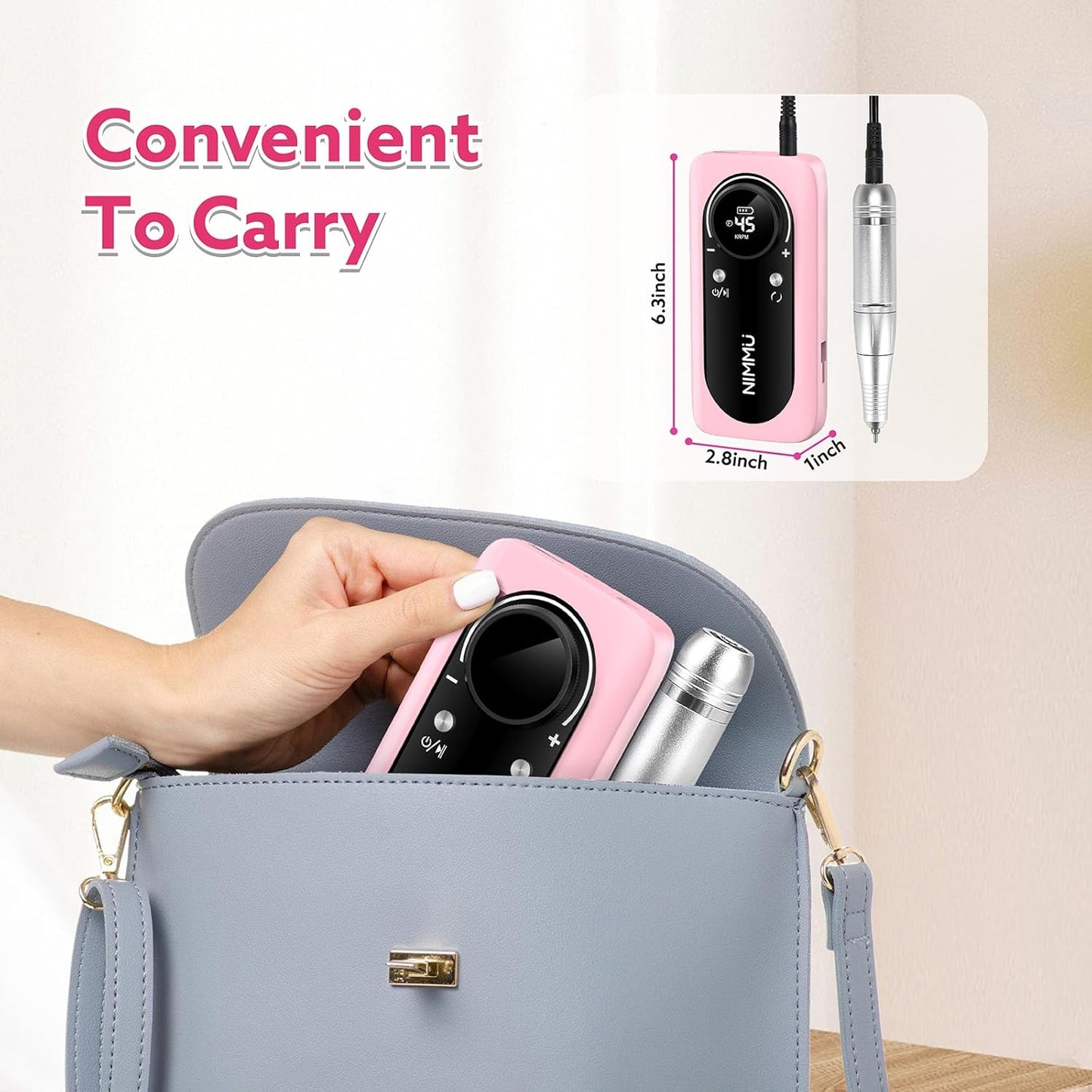 Nimmu Portable Nail Drill Professional, 45000RPM Electric Nail File for Acrylic Nail Remove Gel Polish, Rechargeable Nail Drill Machine with 11 Bits Kit for Manicure Salon Home (Pink)