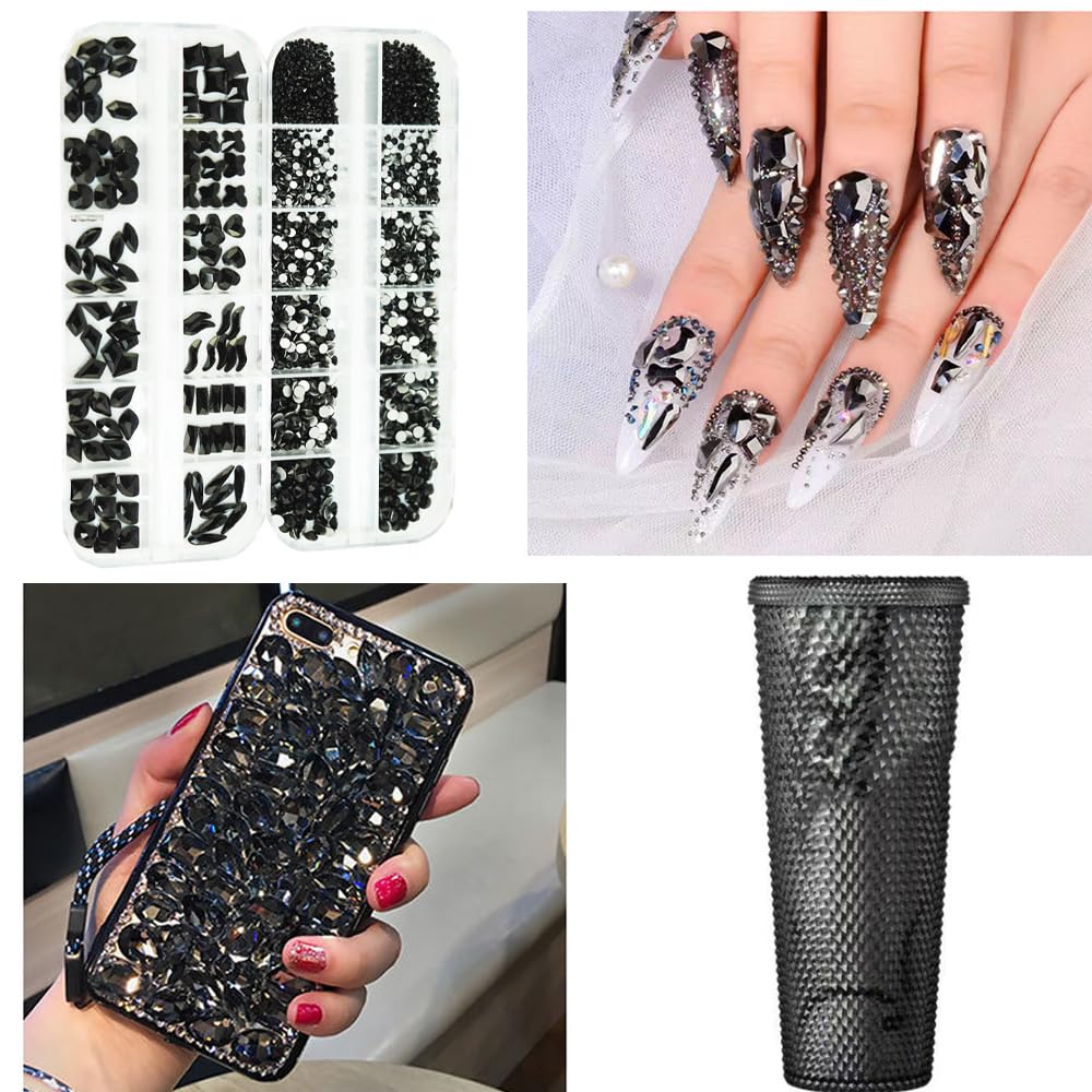 2680Pcs Black Rhinestones Nail Gems, 120pcs Big Black Nails Charms with Bling Flatback Round Beads, Light Black Clear Diamond Stones Jewelry Supplie for DIY Face Eyes Makeup Crafts Decoration