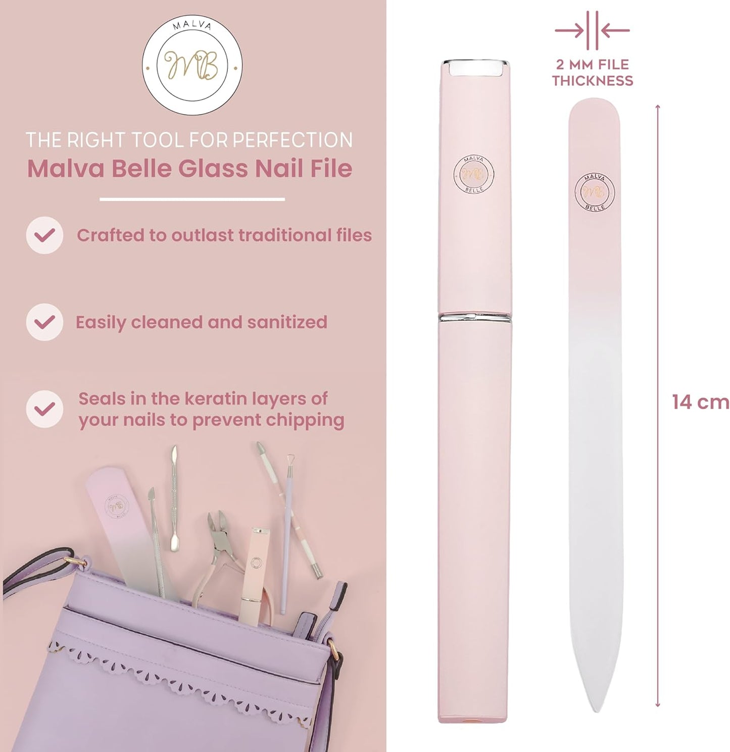 Best Crystal Glass Nail File & Travel Case - Heavy Duty Professional Nail Shaper - Pink 2mm