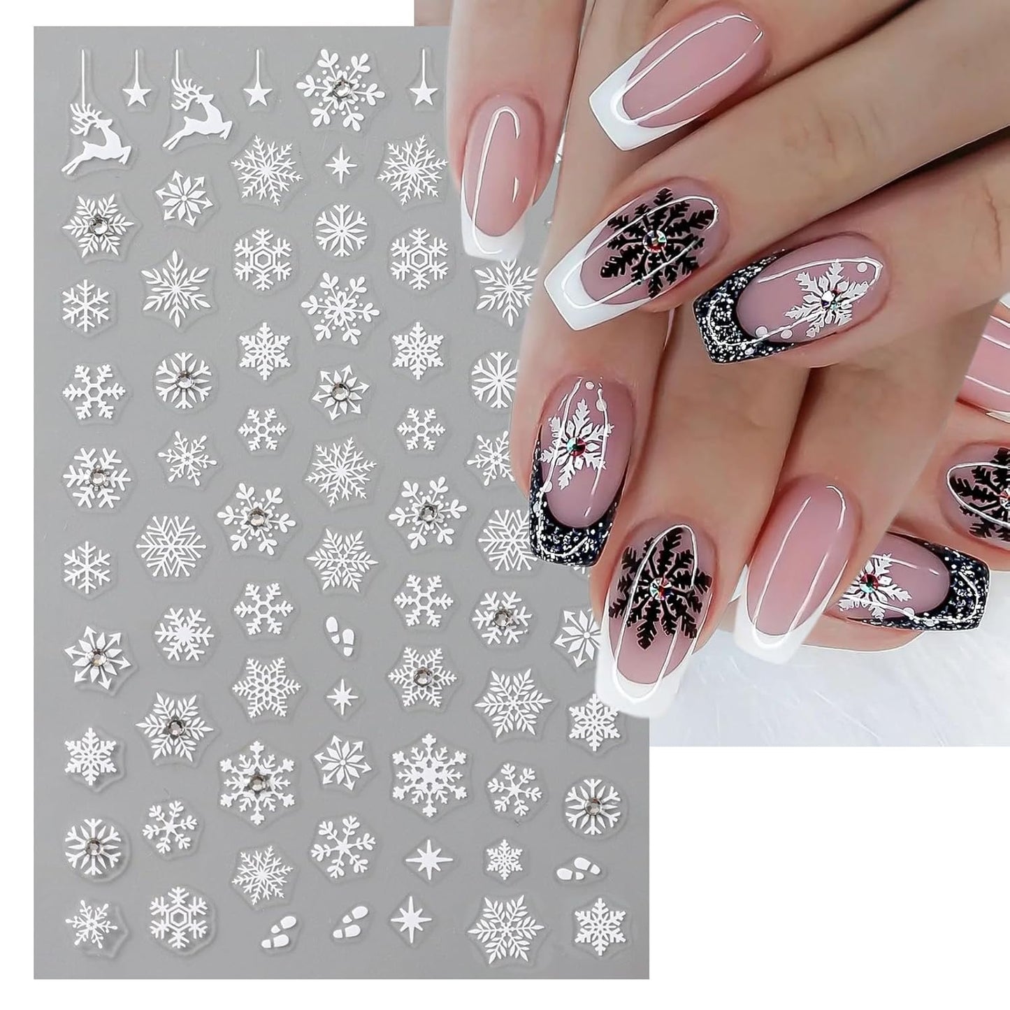 Rhinestone Studded Snowflake Nail Stickers, Christmas Self-Adhesive Crystal Diamond 3D Glitter Nail Art Design for DIY Manicure Winter Xmas DIY Nail Decals Decorations f (4 Sheets)