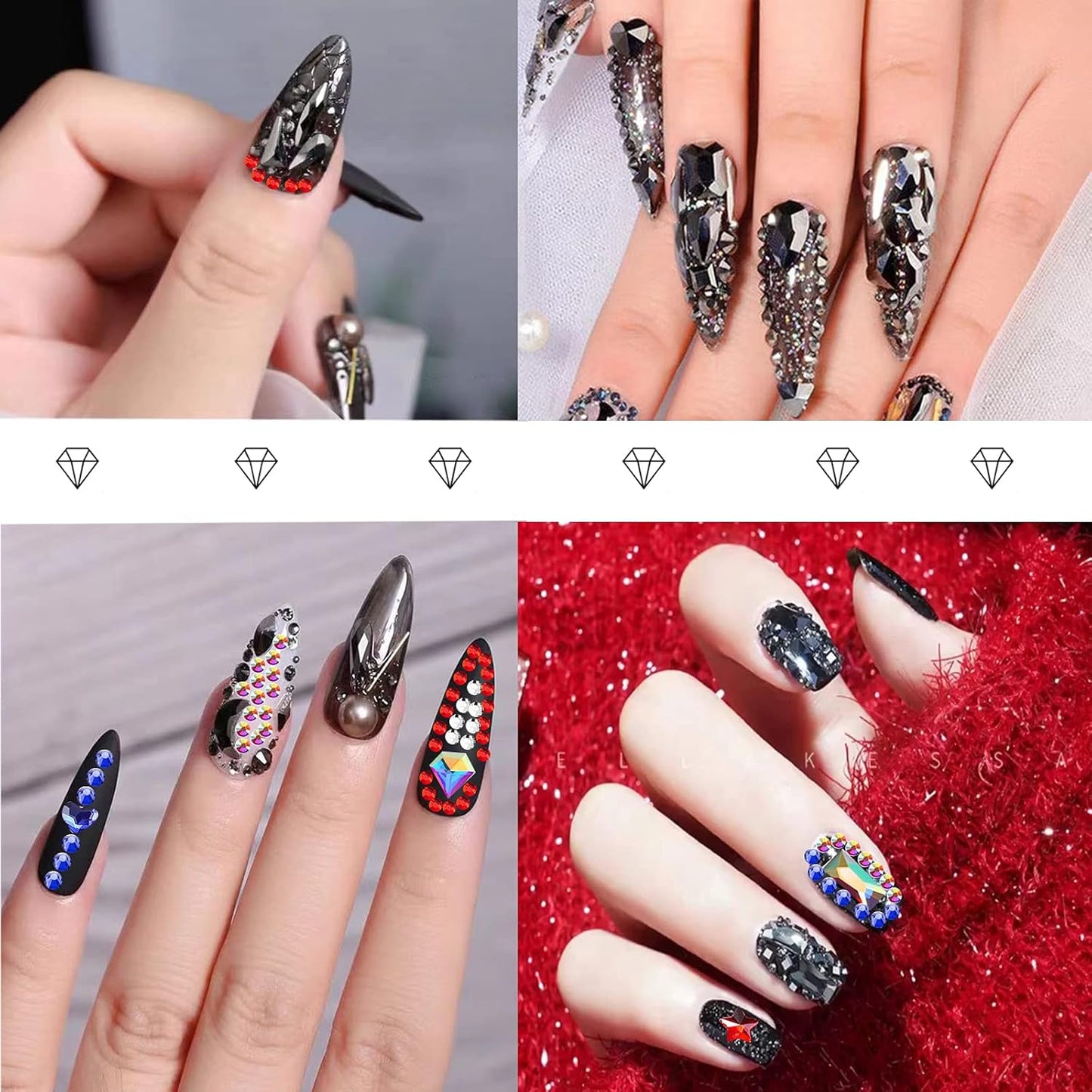 HOINCO Black Rhinestones for Nails - 3100 Pcs Mix Flatback Rhinestone/Gems - 600 Diamonds + 2500 Round Beads for Nail Crafts with Tweezers Pen
