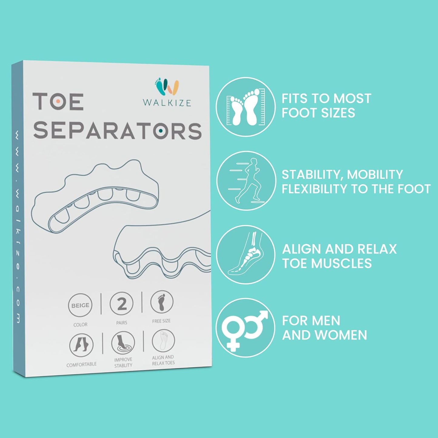 Walkize Toe Separators for Women & Men - Silicone Toe Spacers for Bunion Relief, Foot Pain Relief, Pedicure & Overlapping Toes (Beige)