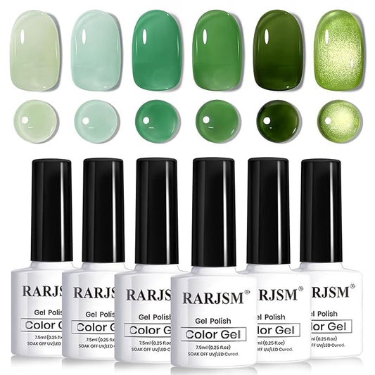 RARJSM Green Jelly Glass Gel Nail Polish Set 6pcs Clear Crytal Army Dark Jade Sage Green Transparent Sheer Amber Series Milky Diamond Cat Eye Gel Varnish LED UV Curing Requires
