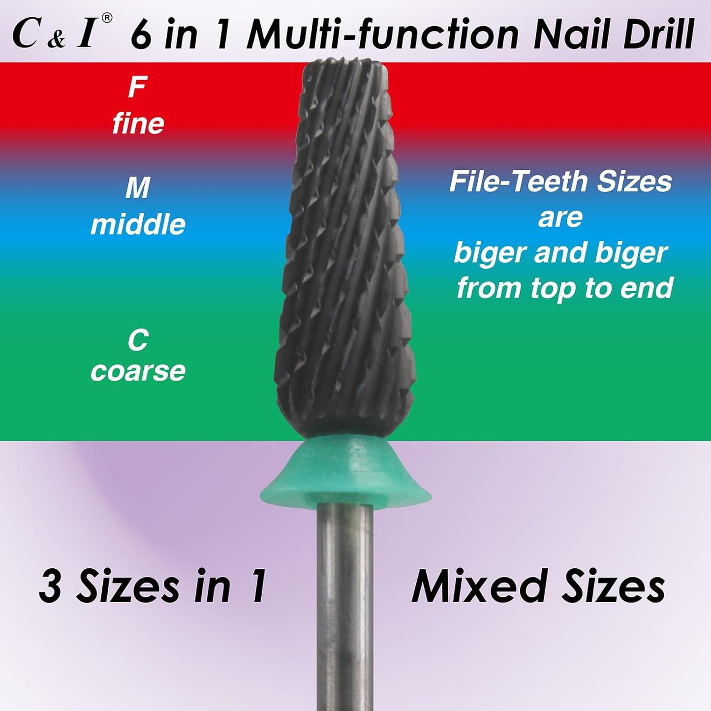 C & I Nail Drill Bit 6 in 1 Multi-function Rounded End E-file, Diamond Coat, CNC Overall Cut Nail Tools for Nail Techs Quick Remove Acrylic Nail Gels & Nail Art (Special Coat, Coarse -C)