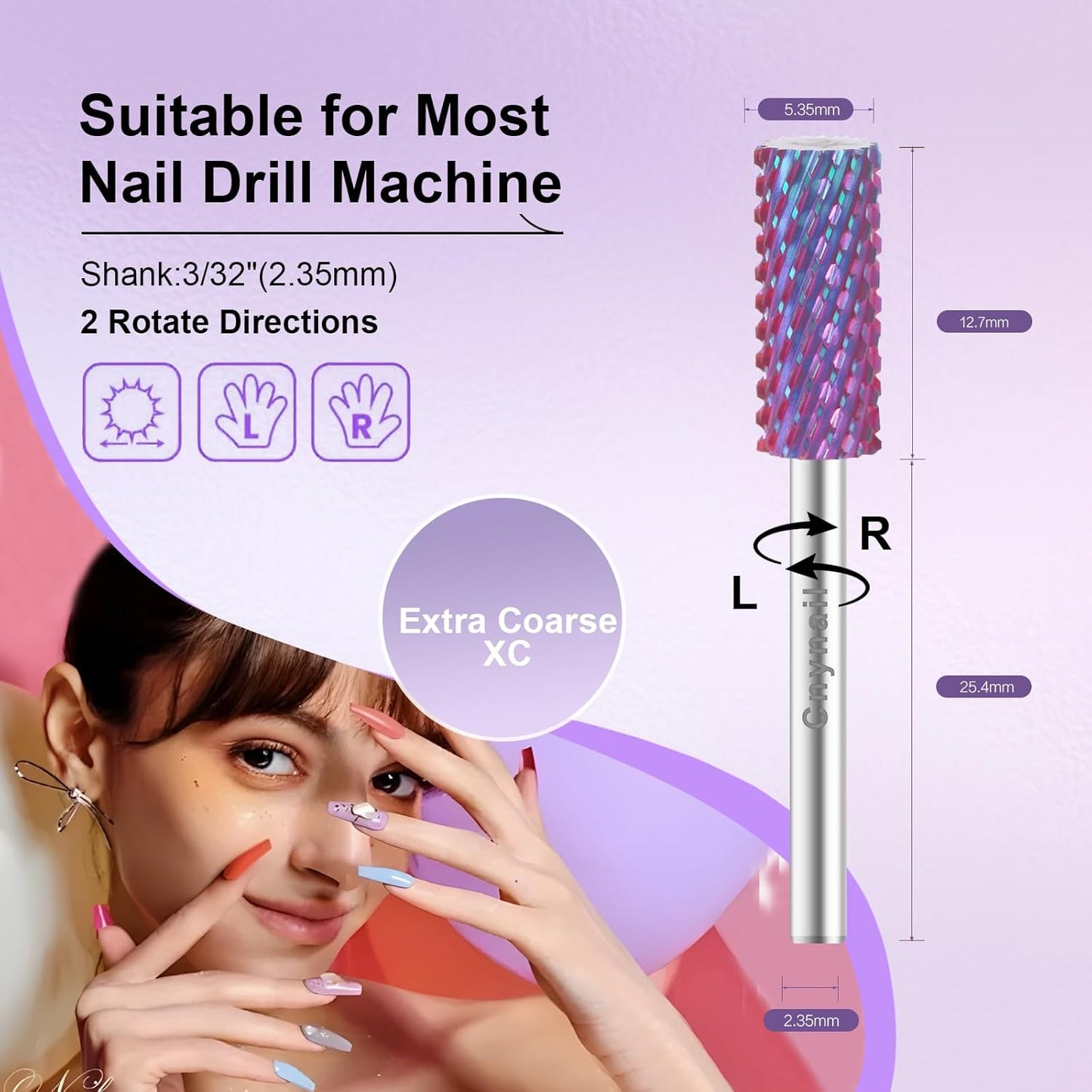 3/32" Small 5.35MM Barrel Bit Tungsten Carbide Nail Drill Bit Safety Bit for Gel & Acrylic Removal, 2- Way Rotating Efile Tip, Salon Electric File Accessory (XC Girt, Purple)
