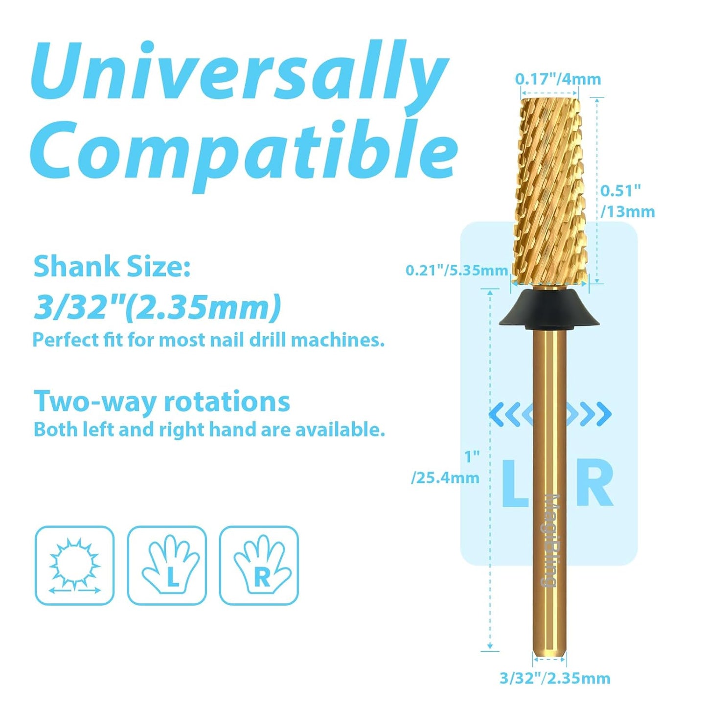 Tungsten Carbide Cross Cut Small Tapered Barrel Nail Drill Bits, Professional 3/32'' Safety Bits, Both Hands Use, Remove Gel Fast, Manicure Pedicure Cuticle Gel Polishing, Extra Coarse.