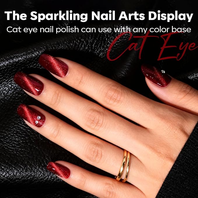 modelones Nail Polish Set, 6 Colors 2025 Classic Apple Red Cat Eye Glitter Mini Quick Dry Nail Lacquer Kit, Ruby Cherry Red Magnetic Sparkle DIY Nail Art Manicure Gift for Women Girls