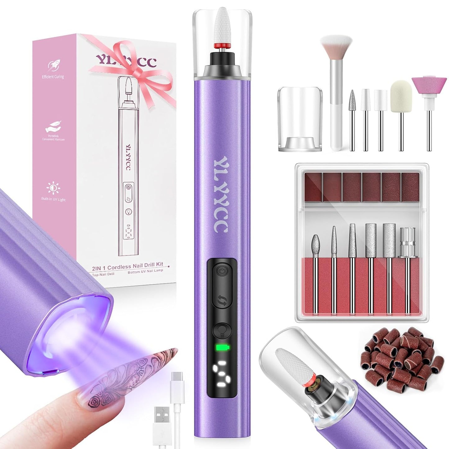 Electric Nail Drill Cordless Nail File with UV Lamp:Professional for Acrylic Gel Dip Powder Nails Portable Nail Kit Machine for Women Girl Manicure Pedicure Nail Set Rechargeable Lightweight